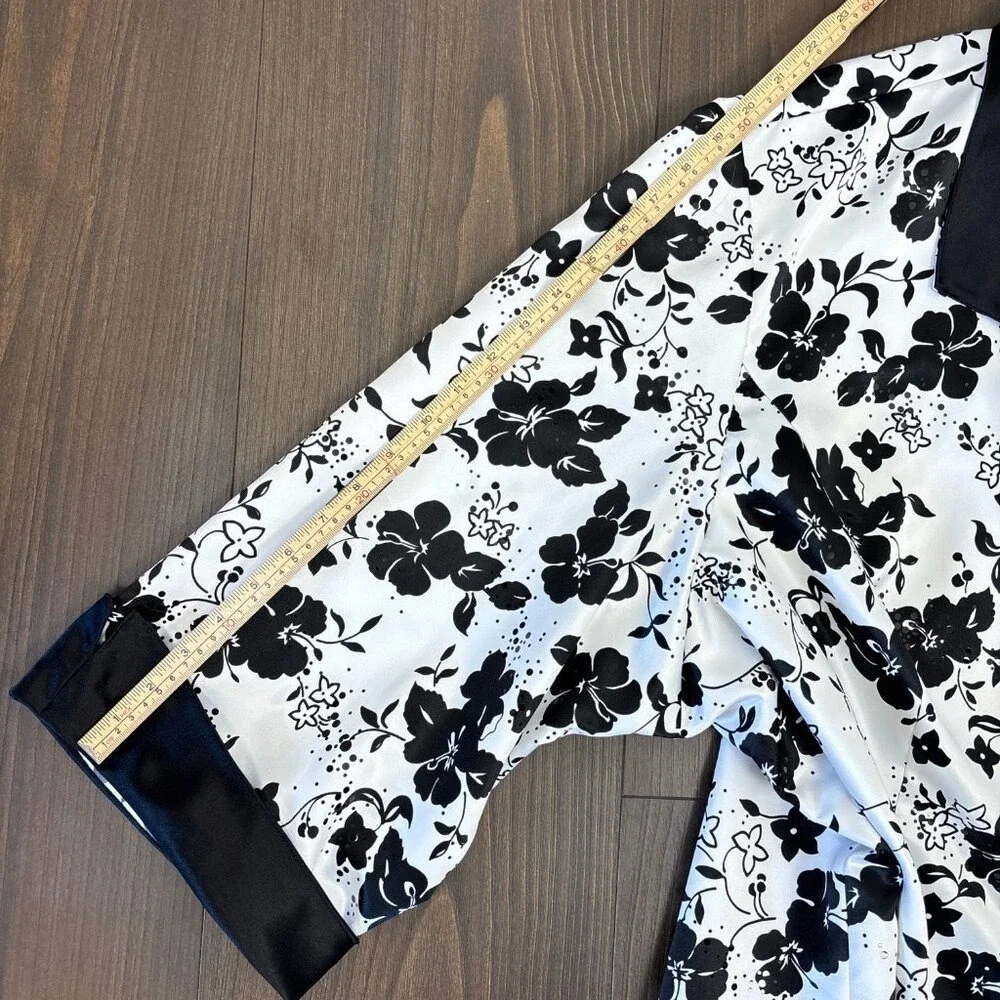 R&M Richards Woman Jacket 34W Black White Floral Zip-Up Sequins Special Occasion